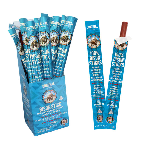 Original bison jerky sticks - box and two singles displayed