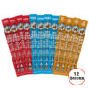 12 bison jerky sticks in three flavors, grouped by Original, Pepper, and Honey BBQ on white background.