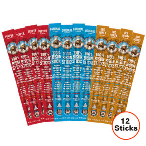 12 bison jerky sticks in three flavors, grouped by Original, Pepper, and Honey BBQ on white background.