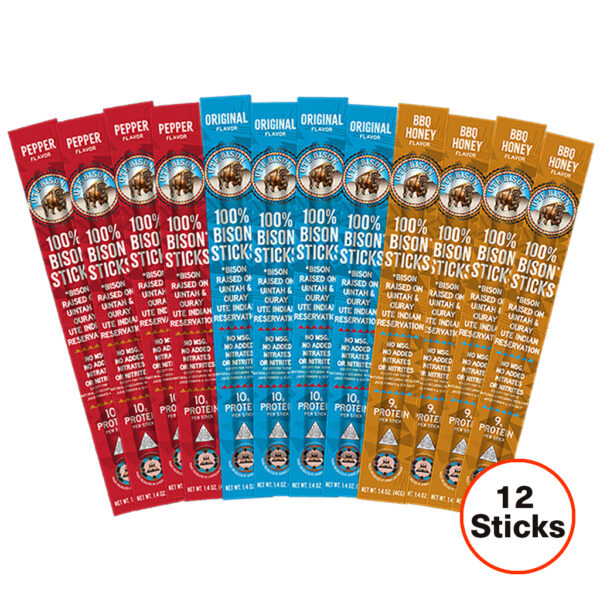 12 bison jerky sticks in three flavors, grouped by Original, Pepper, and Honey BBQ on white background.