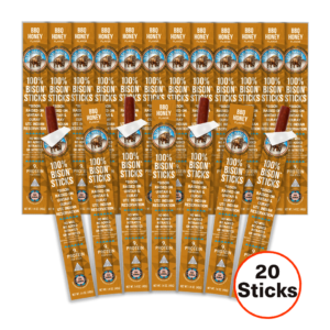 BBQ Honey bison jerky sticks - 20 count fan layout on white background