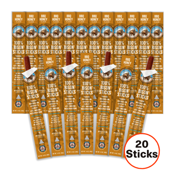BBQ Honey bison jerky sticks - 20 count fan layout on white background