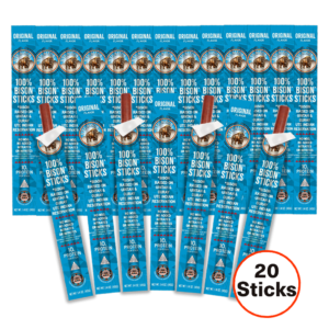 Original bison jerky sticks - 20 pack laid out on blue packaging