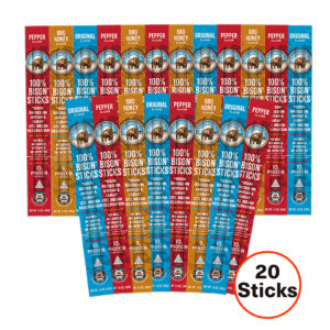20 bison jerky sticks in assorted flavors on white background