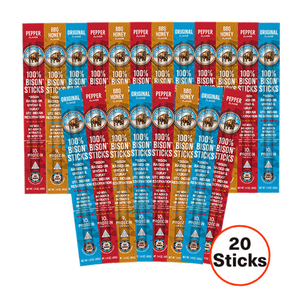 20 bison jerky sticks in assorted flavors on white background